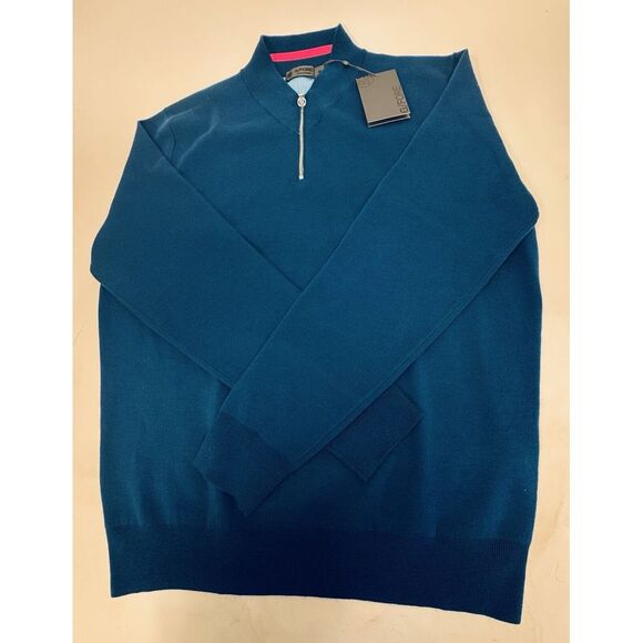 NWT G/FORE V-Neck Quarter Zip Wool Blend Sweater PTRL Blue Men's MEDIUM $255 - Picture 6 of 9